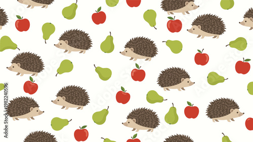 Cute seamless pattern featuring hand drawn hedgehogs with red apples and green pears on a clean white background for kids.