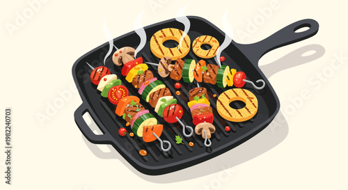 Grilled colorful skewers on a cast iron pan cooking outdoors