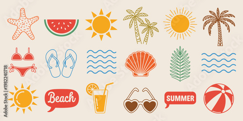 Summer Beach Doodle Icon Set, Colorful Line Illustrations of Palm Trees, Sun, Waves, Sunglasses and Beachwear, Tropical Vacation Theme for Travel and Branding Vector Pack