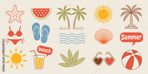 Colorful Summer Doodle Icon Set, Hand Drawn Line Icons of Palm Trees, Sun, Waves, Sunglasses and Beachwear, Tropical Vacation Theme for Travel, Branding and Design Vector Illustration