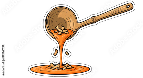 spilled soup from wooden spoon on white background