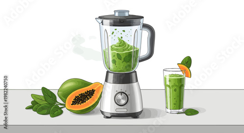 Blender with green smoothie and papaya on kitchen countertop
