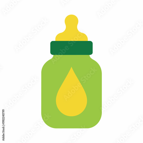 Green baby bottle with yellow nipple and drop shape on white background simple icon.