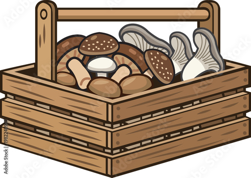 Wooden Crate of Fresh Mushrooms  Rustic Farm Market Harvest Basket