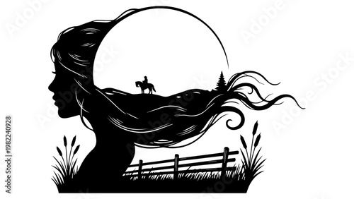 Silhouette Woman Moon Landscape Dreamy Double Exposure Night Art ConceptPro