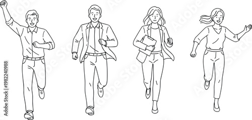 Successful business professionals running forward with enthusiasm representing career growth ambition and fast-paced corporate success in minimalist line art vector.