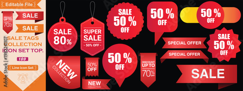 Set of Sale badges. Sale quality tags and labels. Simple flat style vintage labels, stickers with sale discount text. Hanging red tag icon set in flat style. Sale tag vector shapes collection. 