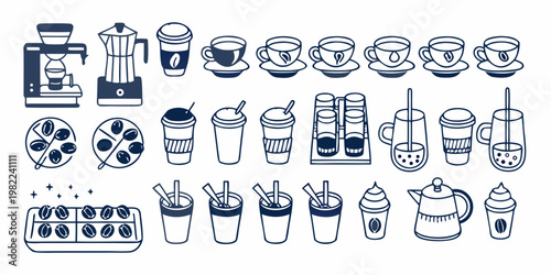Collection of blue line art illustrations depicting various coffee items