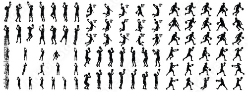 Basketball Player Silhouettes Set, Athletes Dribbling, Dunking, Shooting, and Jumping