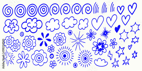 Collection of hand drawn blue doodles including hearts stars and flowers