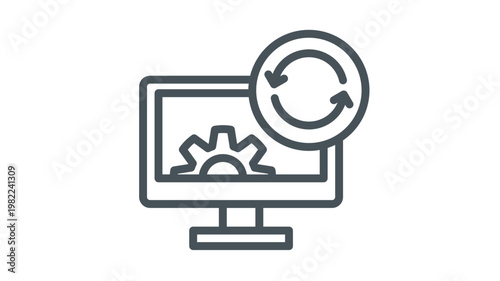 Minimalist black vector icon illustration of a computer monitor with a gear and refresh sync symbol, representing system update, software maintenance, data synchronization, and technical support.