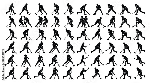 Field Hockey Player Silhouettes Set, Athletes Dribbling, Hitting, and Tackling with Hockey Sticks