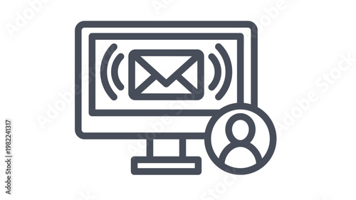 Vector icon illustration of a computer monitor displaying an email envelope with signal waves and a user profile symbol, representing digital communication, messaging, and notifications.