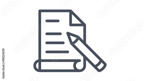 Minimalist black vector icon of a document and pencil, representing writing, editing, note-taking, content creation, and blogging, isolated on a white background for clean graphic design.