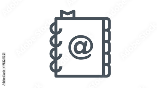 Minimalist black line art vector icon of an address book or contact directory featuring an at symbol, spiral binding, and index tabs, perfect for business, email, and communication design.