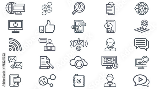 25 Black Vector Icon Set Collection Bundle featuring Minimalist Symbols for Communication, Technology, Business, Social Media, Email, Messaging, Cloud Sync, User Profiles, and Digital Networking