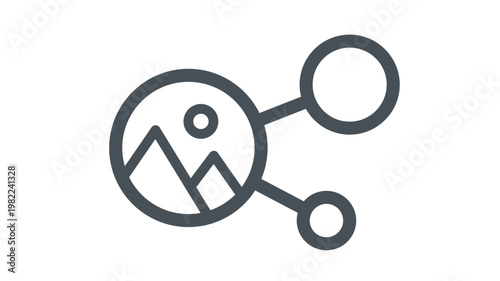 Photo sharing vector icon illustration featuring a circular landscape image connected to two nodes, representing digital media distribution, social networking, and image sharing concepts.