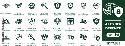 AI Cyber Defence vector Icon Set.Digital security, network protection, threat detection, and risk management concepts. Perfect technology, data protection, AI-driven security solid icons collection.