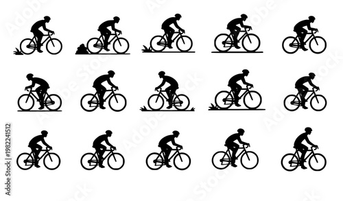 Cycling icon set bicycle riding silhouettes urban commute mountain biking vector isolated on white background