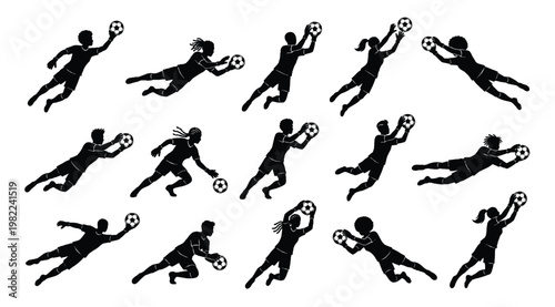 Soccer Goalkeeper Silhouettes Set, Players Diving, Catching, and Defending Goal