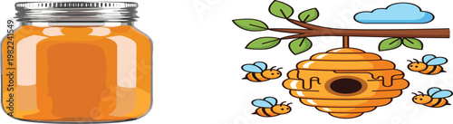 Honey Jar and Beehive Icon Set with Bees and Natural Elements in Vector Style