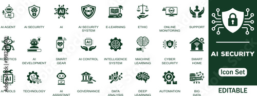 AI Security editable solid icon set. Flat icon by support, ai agent, develop, cyber security, Ethics Governance Artificial Intelligence Agentic AI Compliance Risk Management Vector Icons collection.
