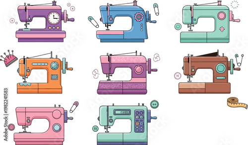 Sewing Machine Collection Set with Vintage and Modern Designs, Tailoring Equipment and Craft Tools for Fashion and Textile Work Vector Illustration