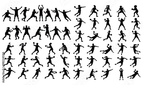 Handball Player Silhouettes Set, Athletes Jumping, Throwing, Dribbling, and Goal Defense