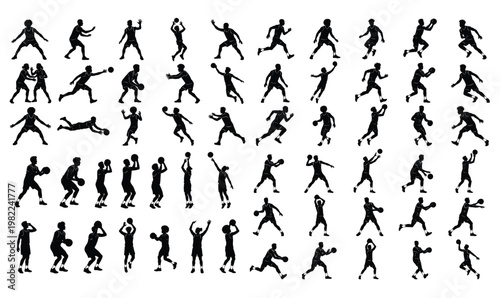 Netball Player Silhouettes Set, Female Athletes Passing, Shooting, Defending, and Jumping