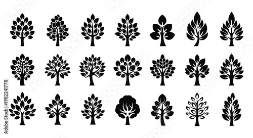 Collection of various tree silhouettes.