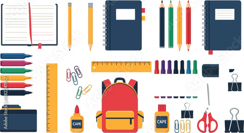 Comprehensive collection of school and office supplies arranged neatly Vector