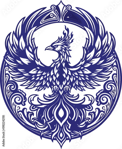 Intricate Blue Phoenix Emblem Design With Ornate Filigree Details.