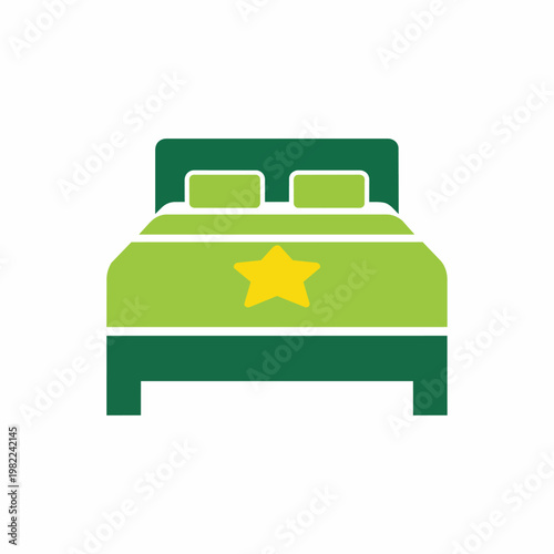 Green and yellow double bed with star, comfortable sleep and rest icon.