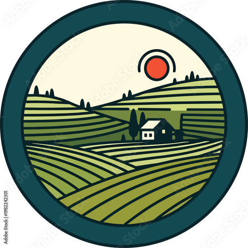 Minimalist circular emblem illustration of a rustic house nestled within rolling green agricultural farmland hills.