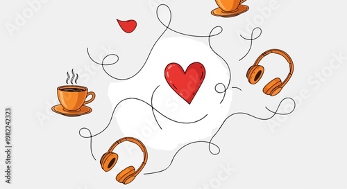 Heart Surrounded by Headphones and Coffee.