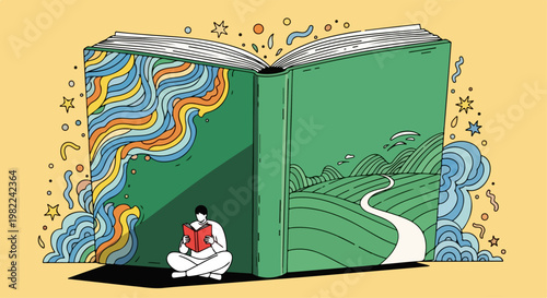 Illustration of Person Reading Large Green Book.