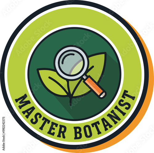 Master Botanist circular emblem with magnifying glass and green leaves icon.