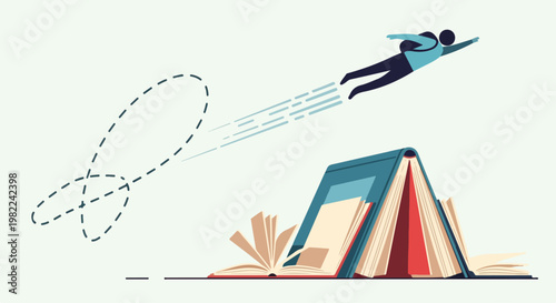Man Flying Over Open Books.