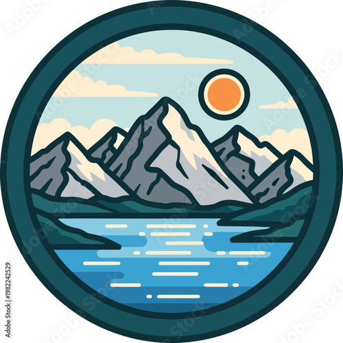 Minimalist mountain landscape inside a circular badge emblem.