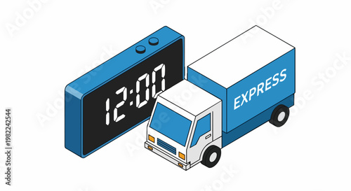 Isometric Express Delivery Truck and Digital Clock Concept for Fast Logistics, Shipping Deadlines, and Time-Sensitive Courier Services