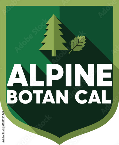Modern shield emblem logo design for Alpine Botanical brand with tree and leaf icons.