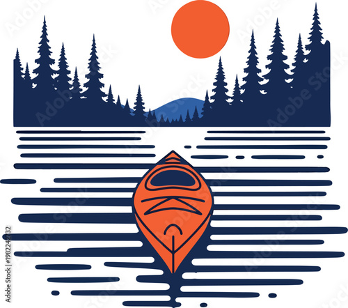 Orange kayak floating on dark water vector illustration.