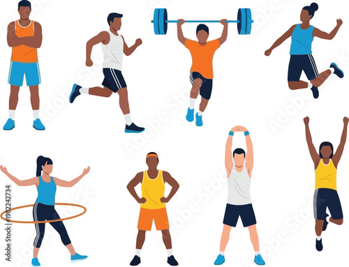 Fitness Workout People Set with Running, Jumping, Weightlifting and Hula Hoop Exercises, Active Lifestyle and Gym Training Vector Illustration Collection