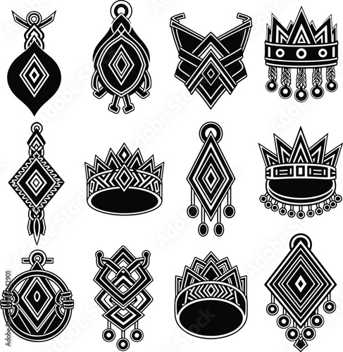Collection of intricate tribal and ethnic style jewelry icons.