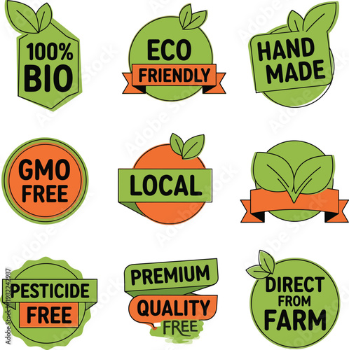 Collection of organic food and eco friendly product quality labels.