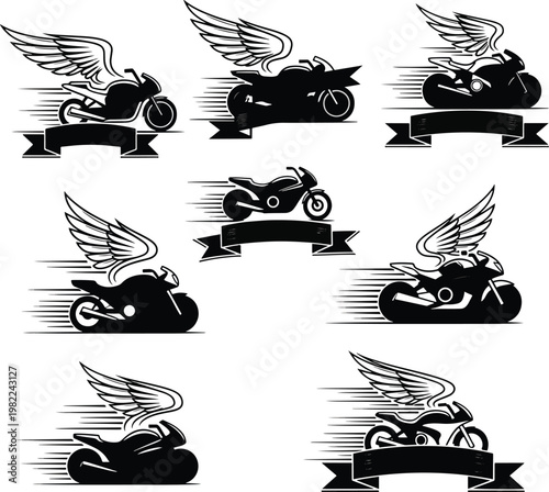 Collection of winged motorcycle silhouette emblems for sports logos.