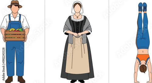 People Occupations and Activities Set with Farmer Holding Harvest, Historical Woman Costume and Gymnast Handstand Exercise Vector Illustration