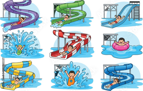 Water Park Slides Set with Kids Sliding, Splashing and Floating in Pool, Summer Fun Activities and Aquatic Entertainment Vector Illustration Collection