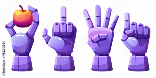 Robotic hands in various poses holding a bright red apple