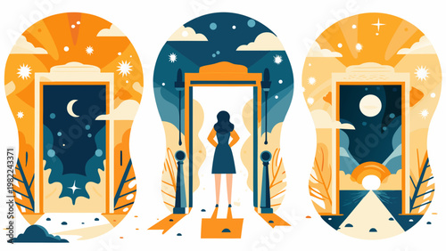 Three ornate doorways depict a journey through night and day